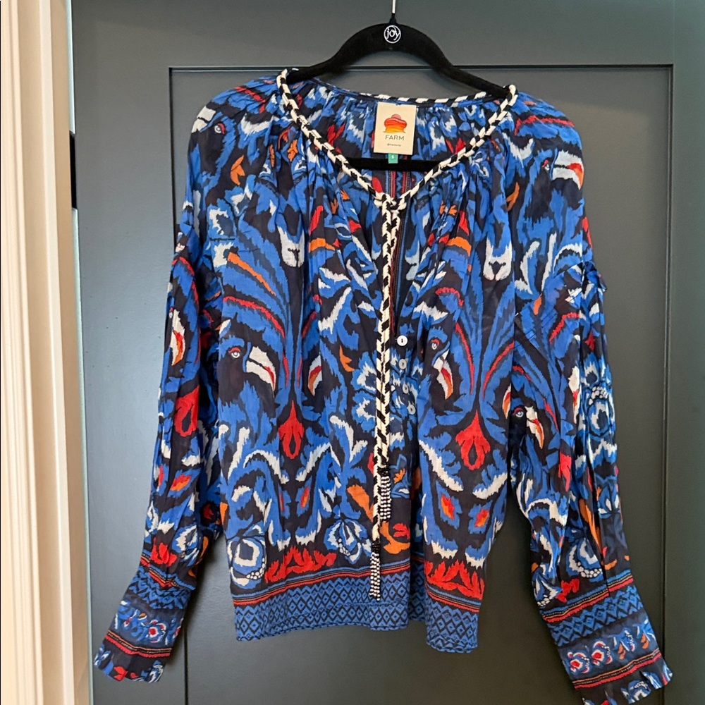 FARM Rio Blue Ikat-Print Peasant Blouse with Red and Orange Accents